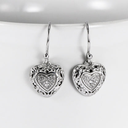 Heart shape earrings dangle drop 925 sterling silver with white topaz, open work filigree earrings