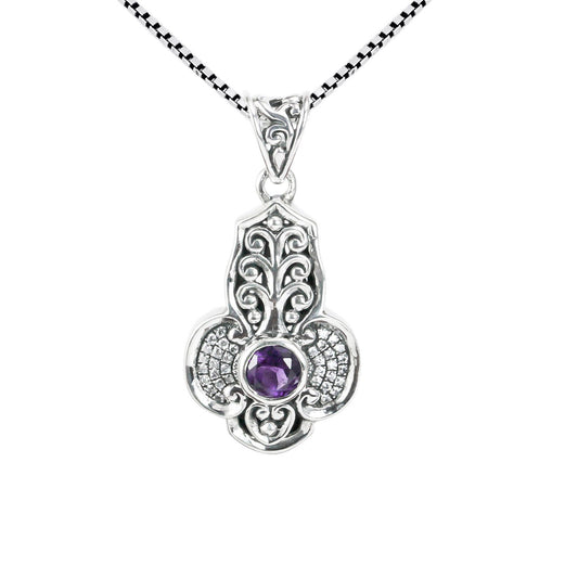 amethyst pendant 925 sterling silver decorated with filigree art and white topaz pave