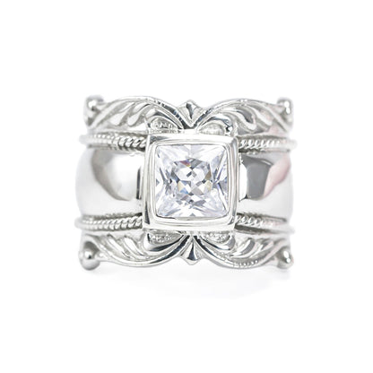 Wide band ring for women 925 sterling silver with genuine white crystal decorated with white crystal
