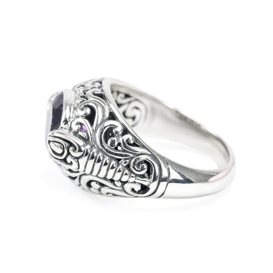 Amethyst ring set in 925 sterling silver decorated with open work filigree ornament