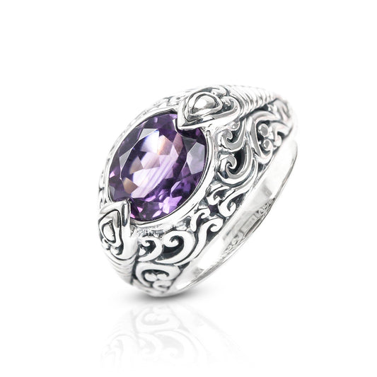 Amethyst ring set in 925 sterling silver decorated with open work filigree ornament