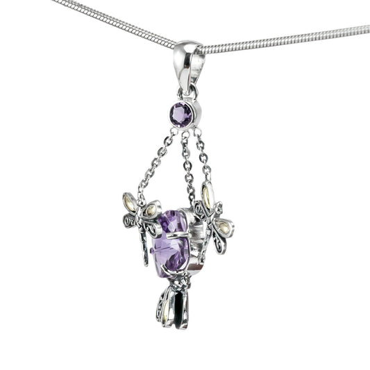 Amethyst pendant necklace 925 sterling silver decorated with two tone dragonfly