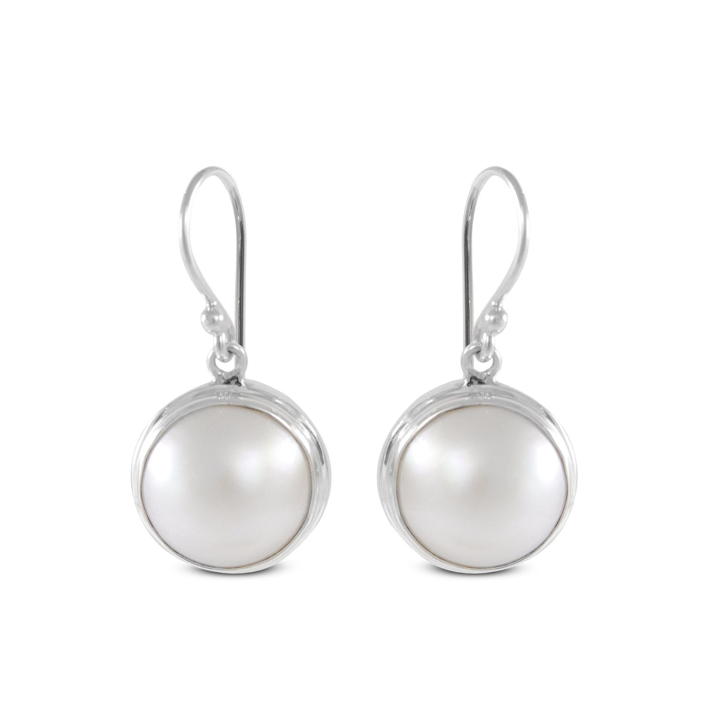 Beautiful dangle & drop earrings with genuine 14 mm round mabe pearl bezel set on handmade 925 sterling silver