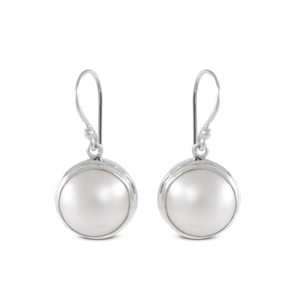 Beautiful dangle & drop earrings with genuine 14 mm round mabe pearl bezel set on handmade 925 sterling silver