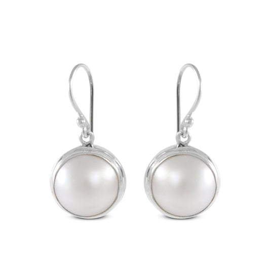 Beautiful dangle & drop earrings with genuine 14 mm round mabe pearl bezel set on handmade 925 sterling silver