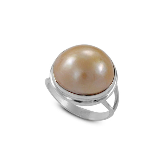 Golden mabe pearl 16 mm set in 925 sterling silver ring, handmade split band ring with gold mabe pearl