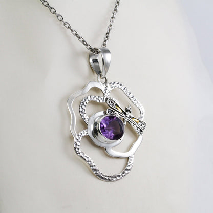 Genuine Amethyst Pendant Necklace double bezel set 925 sterling silver decorated with dragonfly 18K yellow gold, 10*13 mm oval amethyst