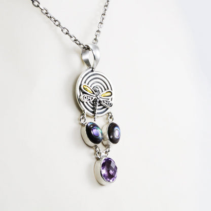 Amethyst Pendant Necklace 925 sterling silver decorated with 18K yellow gold dragonfly and genuine abalone shell,