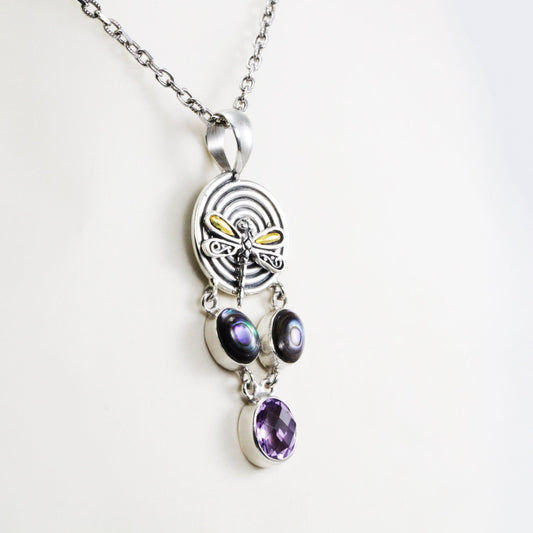 Amethyst Pendant Necklace 925 sterling silver decorated with 18K yellow gold dragonfly and genuine abalone shell,