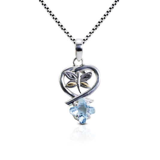 Genuine blue topaz pendant necklace 925 sterling silver decorated with two tone dragonfly 18K gold