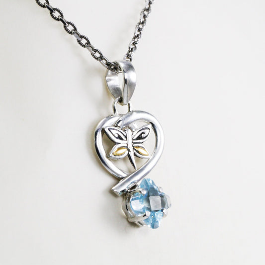 Genuine blue topaz pendant necklace 925 sterling silver decorated with two tone dragonfly 18K gold