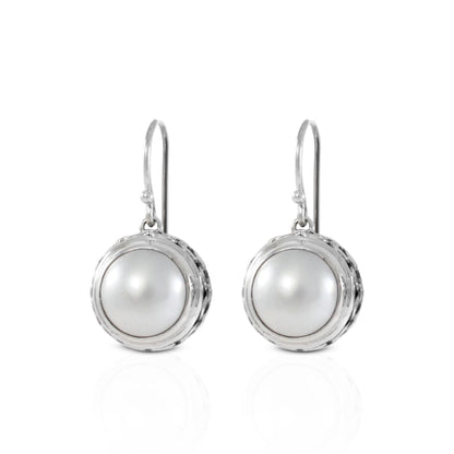 Mabe pearl earrings round dangle 925 sterling silver decorated with chain carving edge