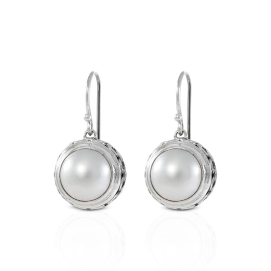 Mabe pearl earrings round dangle 925 sterling silver decorated with chain carving edge