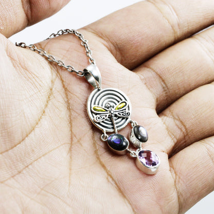 Amethyst Pendant Necklace 925 sterling silver decorated with 18K yellow gold dragonfly and genuine abalone shell,