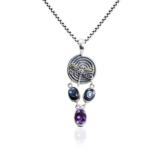 Amethyst Pendant Necklace 925 sterling silver decorated with 18K yellow gold dragonfly and genuine abalone shell,