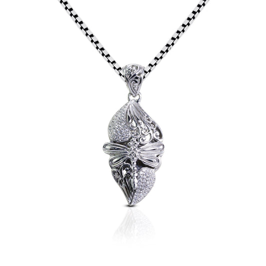 dragonfly pendant 925 sterling silver decorated with filigree leaf pattern and white zircon