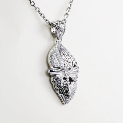dragonfly pendant 925 sterling silver decorated with filigree leaf pattern and white zircon