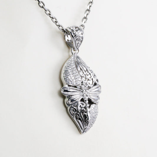 dragonfly pendant 925 sterling silver decorated with filigree leaf pattern and white zircon