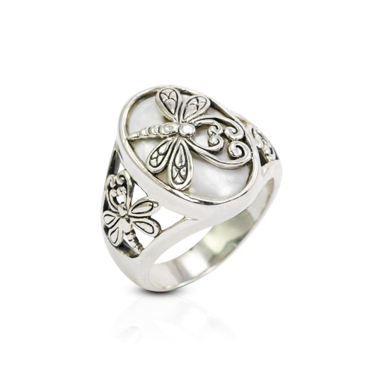 Dragonfly ring with genuine white shell decorated with dragonfly ornament
