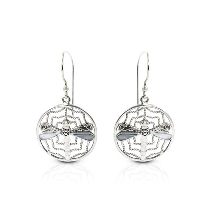 spider web earrings 925 sterling silver decorated with dragonfly ornament and white shell