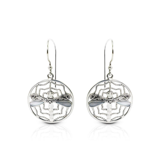 spider web earrings 925 sterling silver decorated with dragonfly ornament and white shell