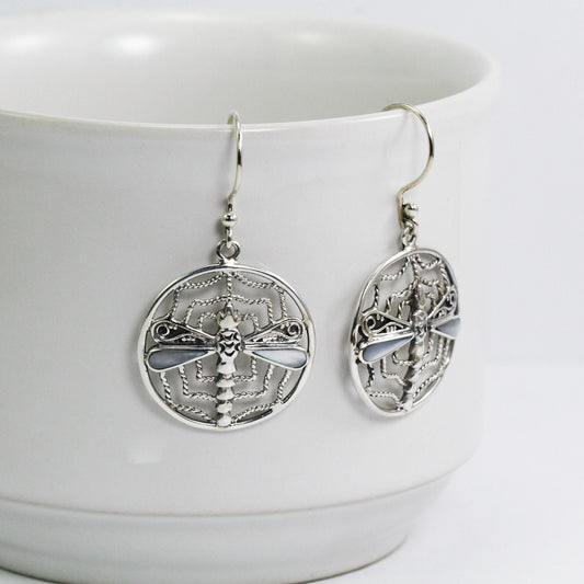 spider web earrings 925 sterling silver decorated with dragonfly ornament and white shell