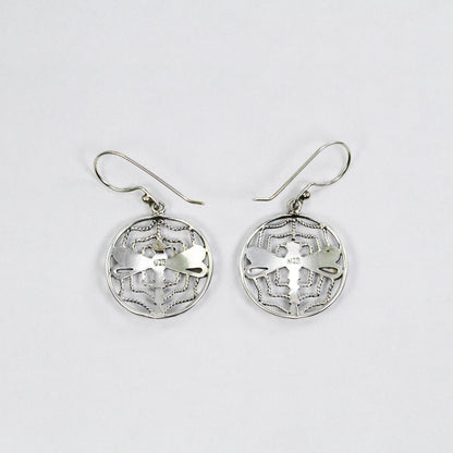 spider web earrings 925 sterling silver decorated with dragonfly ornament and white shell