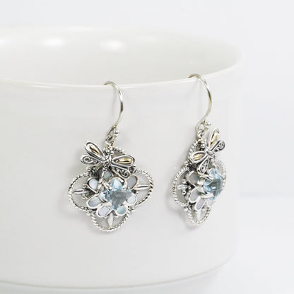 flower earrings with genuine blue topaz set in 925 sterling silver decorated with dragonfly ornament and 18K yellow gold