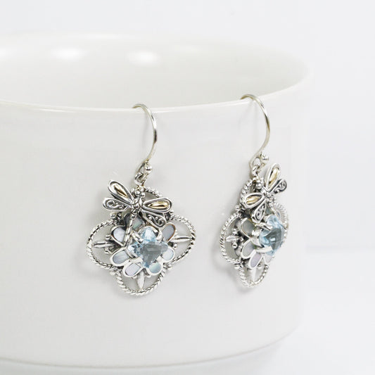 flower earrings with genuine blue topaz set in 925 sterling silver decorated with dragonfly ornament and 18K yellow gold