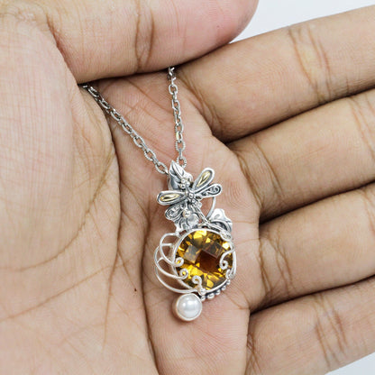 citrine necklace pendant dangle set in 925 sterling silver decorated with dragonfly and 18K yellow gold