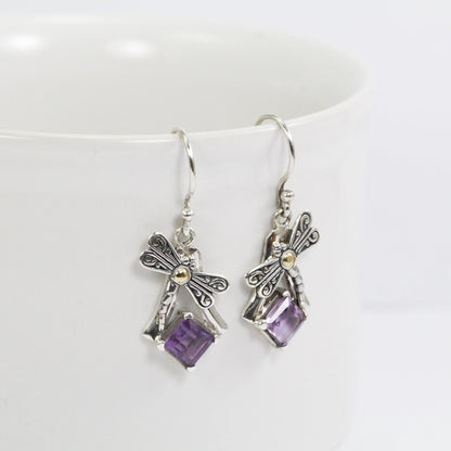 square amethyst earrings dangle drop 925 sterling silver decorated with 18K yellow gold dragonfly ornament