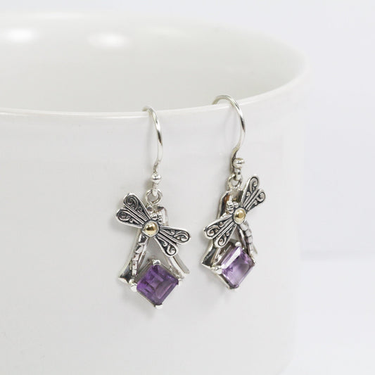 square amethyst earrings dangle drop 925 sterling silver decorated with 18K yellow gold dragonfly ornament