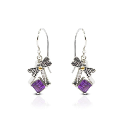 square amethyst earrings dangle drop 925 sterling silver decorated with 18K yellow gold dragonfly ornament