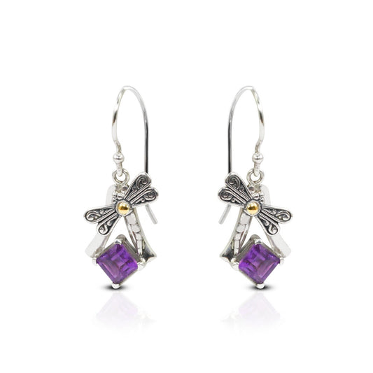 square amethyst earrings dangle drop 925 sterling silver decorated with 18K yellow gold dragonfly ornament