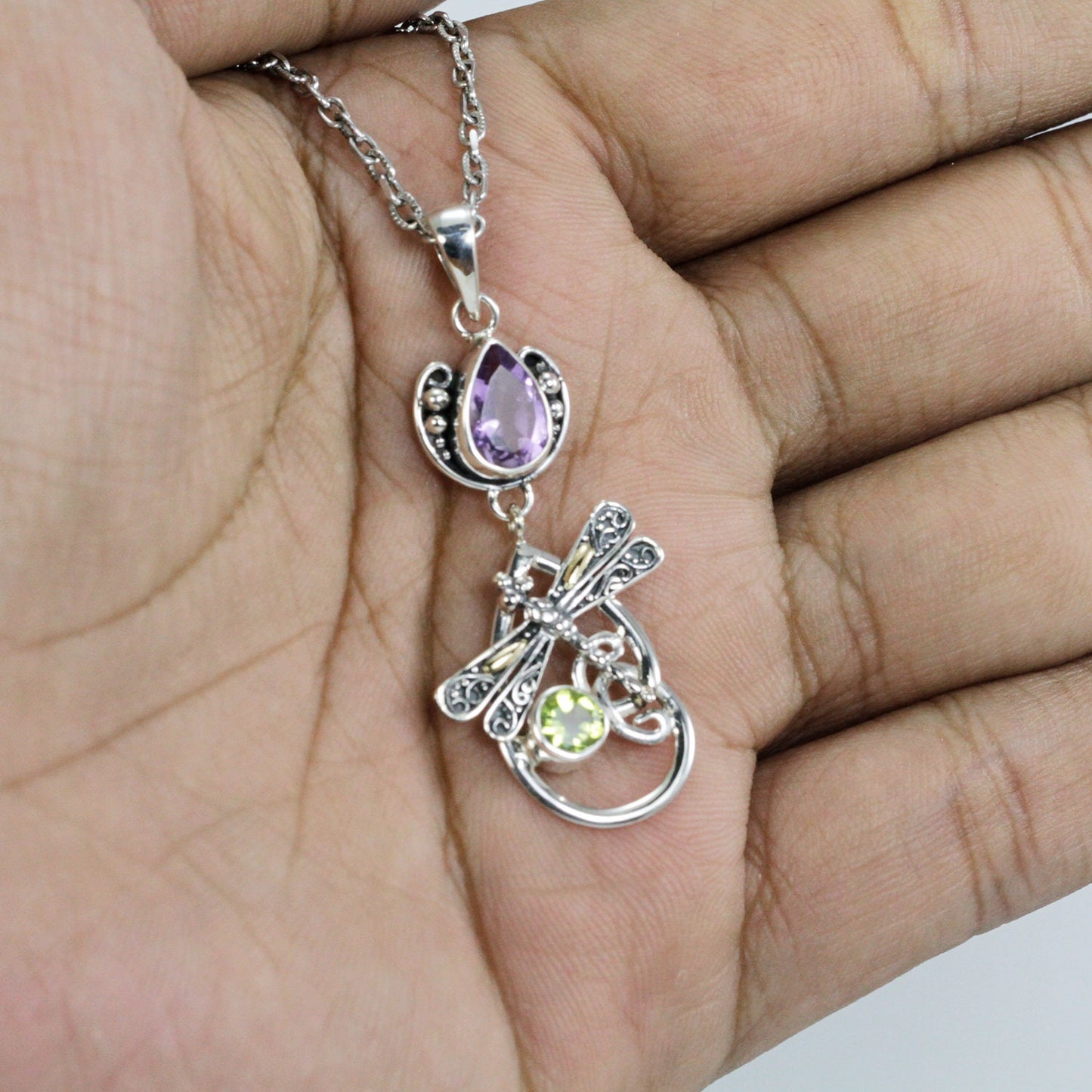 swirl pendant necklace with genuine amethyst and natural peridot decorated with 18K gold dragonfly ornament