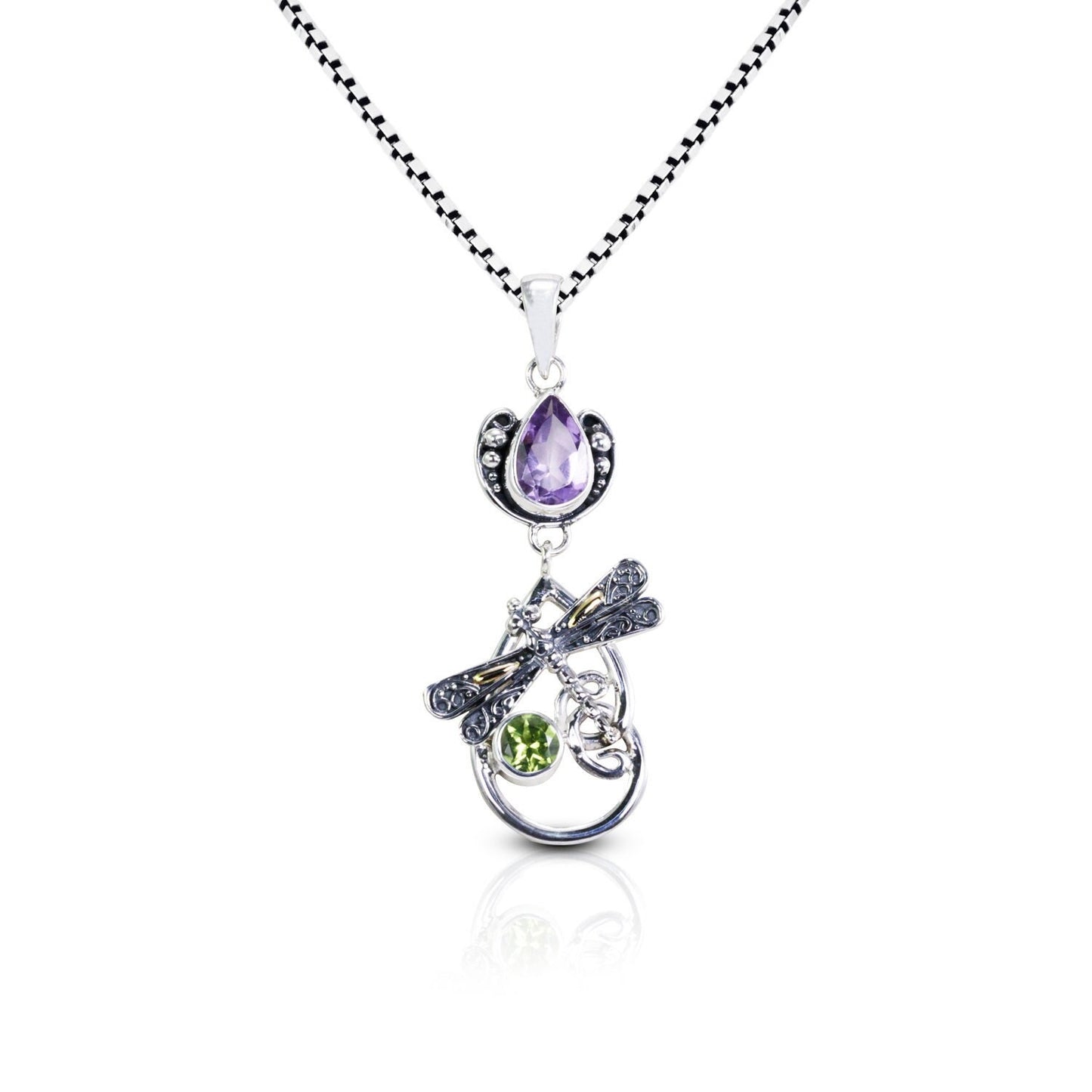 swirl pendant necklace with genuine amethyst and natural peridot decorated with 18K gold dragonfly ornament
