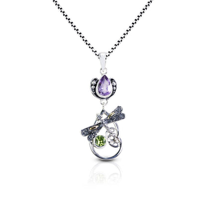 swirl pendant necklace with genuine amethyst and natural peridot decorated with 18K gold dragonfly ornament