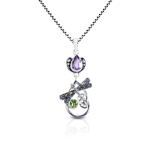 swirl pendant necklace with genuine amethyst and natural peridot decorated with 18K gold dragonfly ornament