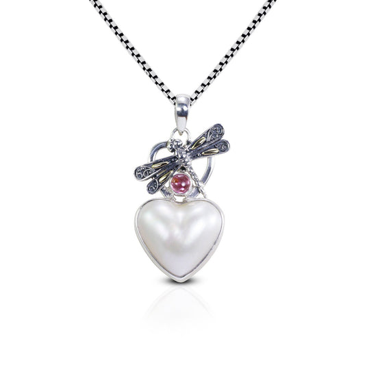 Dragonfly Pendant with natural Pink tourmaline and genuine Heart mabe pearl decorated with 18K yellow gold on the wings