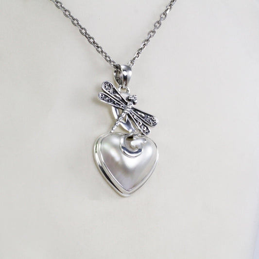 Dragonfly Pendant with genuine Heart mabe pearl and filigree ornament