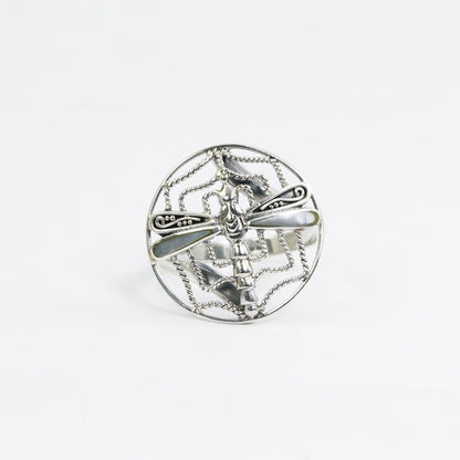 Spiderweb ring  925 sterling silver decorated with dragonfly ornament and white shell