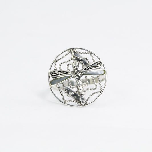Spiderweb ring  925 sterling silver decorated with dragonfly ornament and white shell