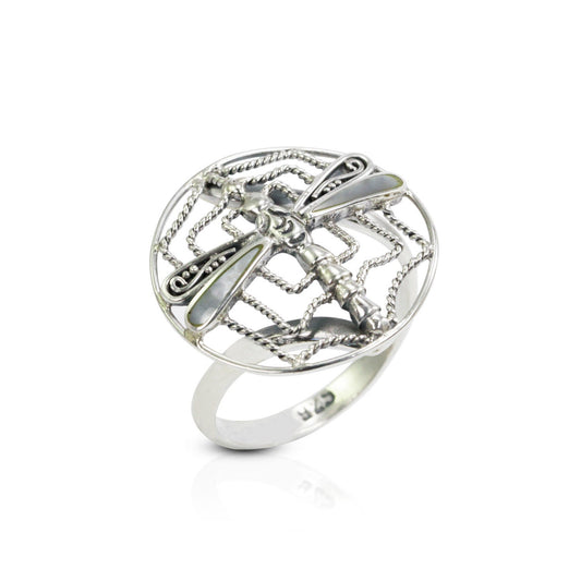 Spiderweb ring  925 sterling silver decorated with dragonfly ornament and white shell
