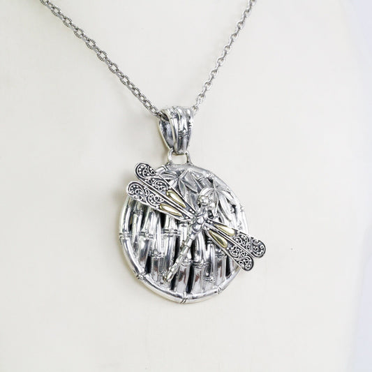 Round pendant 925 sterling silver decorated with Dragonfly ornament and bamboo carving art both side