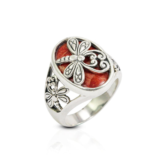 Dragonfly ring with genuine red coral decorated with dragonfly ornament