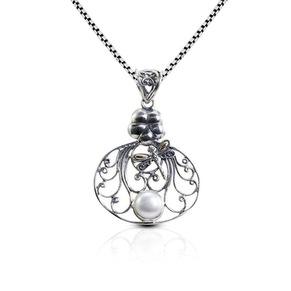flower pendant necklace 925 sterling silver and 18K yellow gold decorated with fresh water pearl