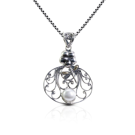 flower pendant necklace 925 sterling silver and 18K yellow gold decorated with fresh water pearl