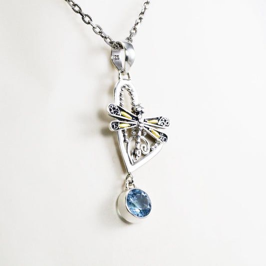 Dragonfly pendant necklace 925 sterling silver and 18K yellow gold and genuine blue topaz decorated with filigree ornament