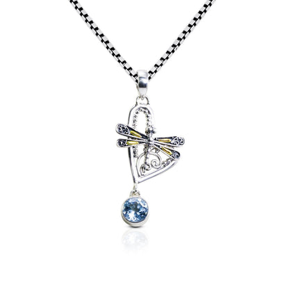 Dragonfly pendant necklace 925 sterling silver and 18K yellow gold and genuine blue topaz decorated with filigree ornament