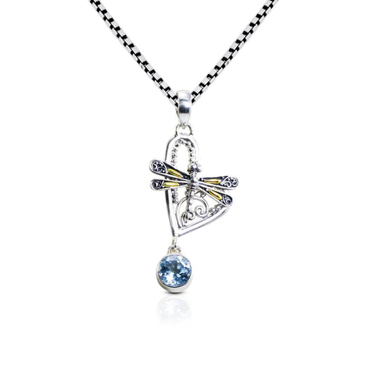 Dragonfly pendant necklace 925 sterling silver and 18K yellow gold and genuine blue topaz decorated with filigree ornament